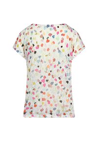 Short-sleeved, loose-fitting T-shirt in lightweight fabric with a multi-colored, scattered pattern of small shapes on a white background.