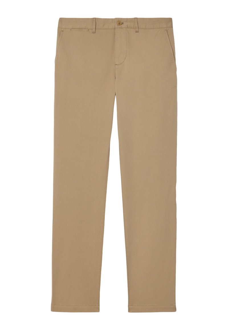 Chinos cáqui com um corte reto, feitos de algodão macio. Apresentam um fecho de botão, bolsos frontais e uma textura suave e uniforme.