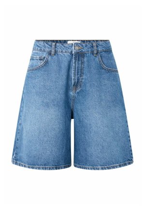 Blue high-waist denim shorts with belt loops, front button and zipper, side pockets, and a relaxed wide-leg fit.