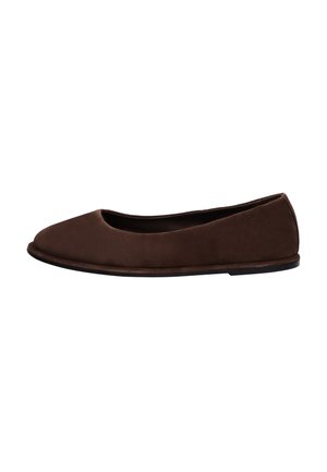 Dark brown flat ballet shoe with rounded toe and low sole, displayed against a plain white background.