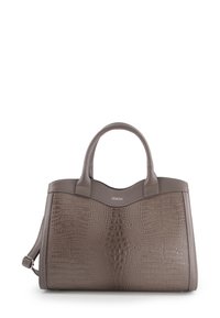Crocodile-embossed gray leather handbag with dual top handles, structured design, and removable shoulder strap. Features subtle logo at the top.