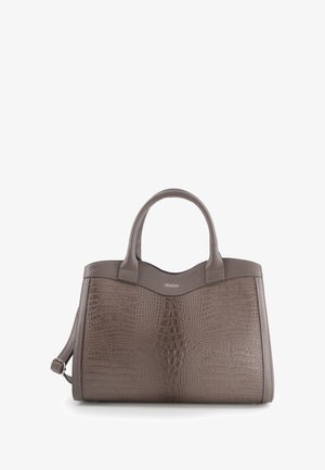 Graue Lederhandtasche mit Krokodilprägung, doppelten oberen Griffen, strukturiertem Design und abnehmbarem Schultergurt. Mit dezentem Logo an der Oberseite.