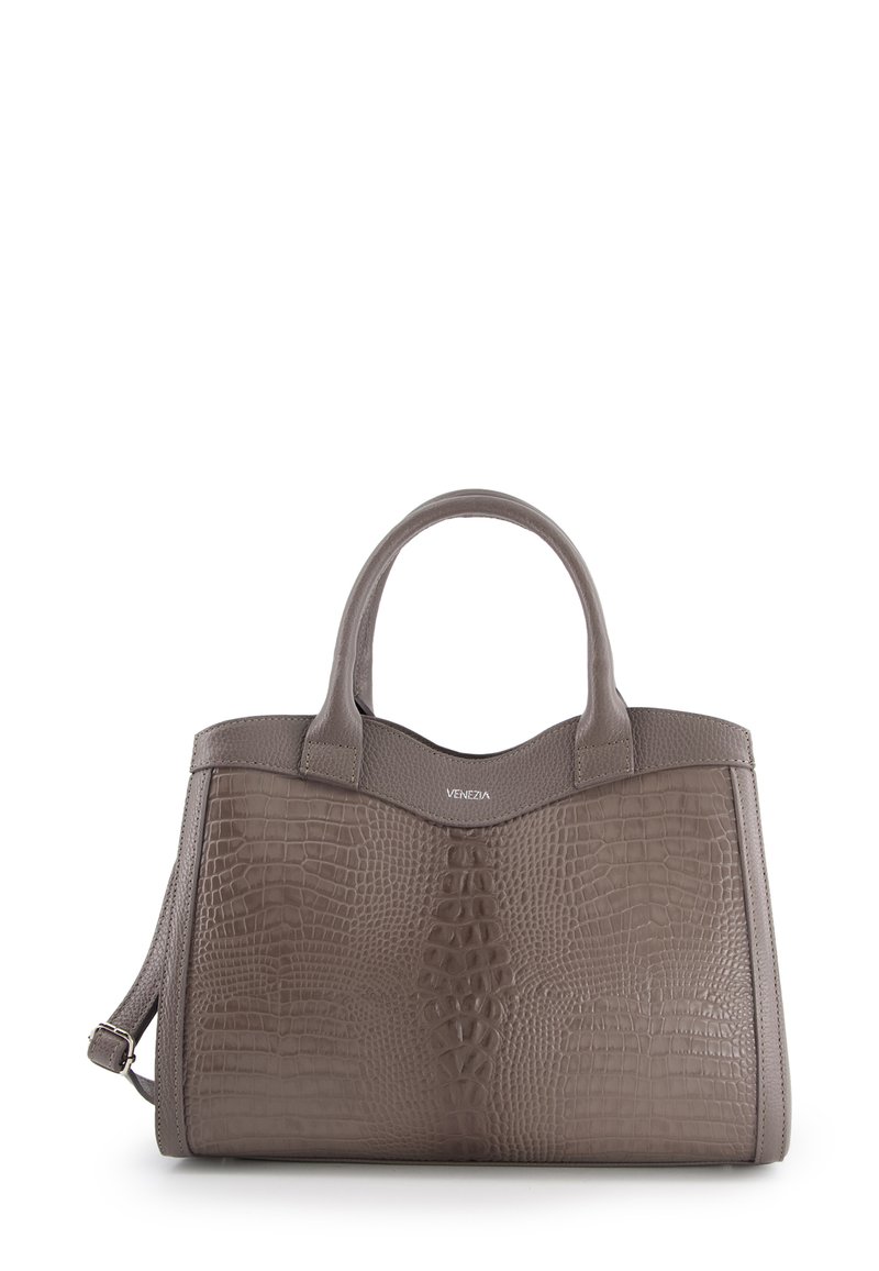 Crocodile-embossed gray leather handbag with dual top handles, structured design, and removable shoulder strap. Features subtle logo at the top.