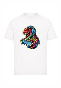 White t-shirt featuring a colorful graphic of a T-rex wearing headphones and holding a game controller.