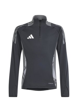 Zwarte langmouw quarter zip jacket met grijze accenten en een geometrisch patroon aan de zijkanten. Gemaakt van lichtgewicht, ademend materiaal.