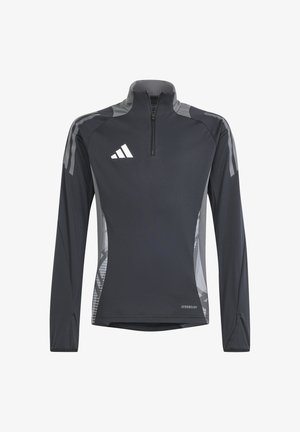 Schwarze Langarm-Viertelzip-Jacke mit grauen Akzenten und einem geometrischen Muster an den Seiten. Hergestellt aus leichtem, atmungsaktivem Material.