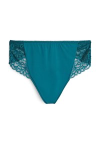 Teal stof trusse med intrikate blonder sidepaneler. Glat overflade, mellemhøj design og bølgede blonderkanter tilføjer detaljer.