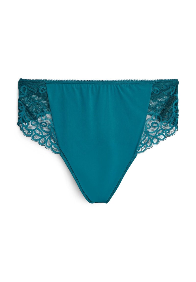 Teal stof trusse med intrikate blonder sidepaneler. Glat overflade, mellemhøj design og bølgede blonderkanter tilføjer detaljer.