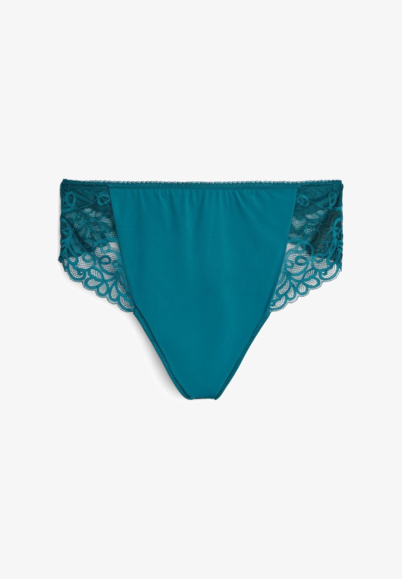 Teal stof trusse med intrikate blonder sidepaneler. Glat overflade, mellemhøj design og bølgede blonderkanter tilføjer detaljer.