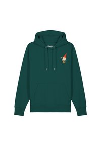 Turquoise hoodie van zacht materiaal met een voorzak, trekkoord capuchon en een gnome afbeelding op de linkerbovenborst.