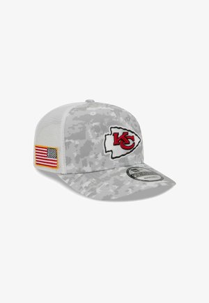 Gray camouflage cap with a curved bill, featuring a red embroidered team logo and an American flag patch on the side. Mesh back design.