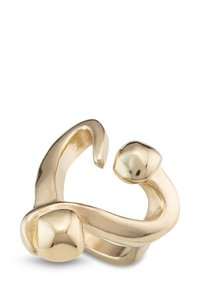 Anillo de oro con un diseño retorcido que presenta secciones suaves y pulidas, acentos redondeados y una superficie texturizada.