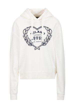 Witte hoodie met trekkoorden, bedrukt met een hartvormige lauwerkrans en de tekst "Milano Università 1969 L'amore!" in zwarte letters.