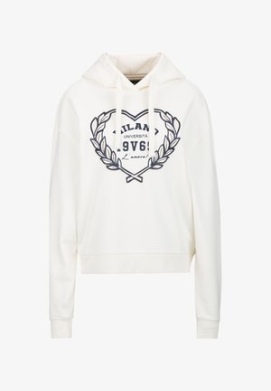 Witte hoodie met trekkoorden, bedrukt met een hartvormige lauwerkrans en de tekst "Milano Università 1969 L'amore!" in zwarte letters.