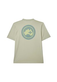 Camiseta de algodón verde oliva con un gran gráfico circular de Australia en amarillo y azul en la parte posterior. Manga corta y cuello redondo.