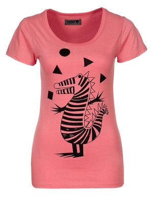 Różowy bawełniany t-shirt z czarnym nadrukiem zebry i geometrycznymi kształtami w kolorze czarnym. Okrągły dekolt i krótkie rękawy, dopasowany krój.
