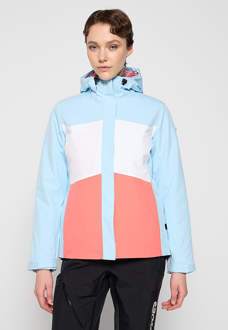 Hellblau und Korallenfarbene Skijacke mit einem weißen Streifen; verfügt über eine Kapuze, einen Frontreißverschluss und ein schlankes, wasserdichtes Design. Robustes Material, moderner Schnitt.