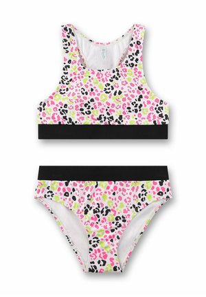 Costume da bagno due pezzi per ragazze con stampa leopardata rosa, nera e verde neon e fasce vita nere tinta unita.