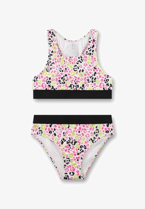 Mädchens zweiteiliger Badeanzug mit pinkem, schwarzem und neon-grünem Leopardenmuster und einfarbigen schwarzen Taillenbändern.