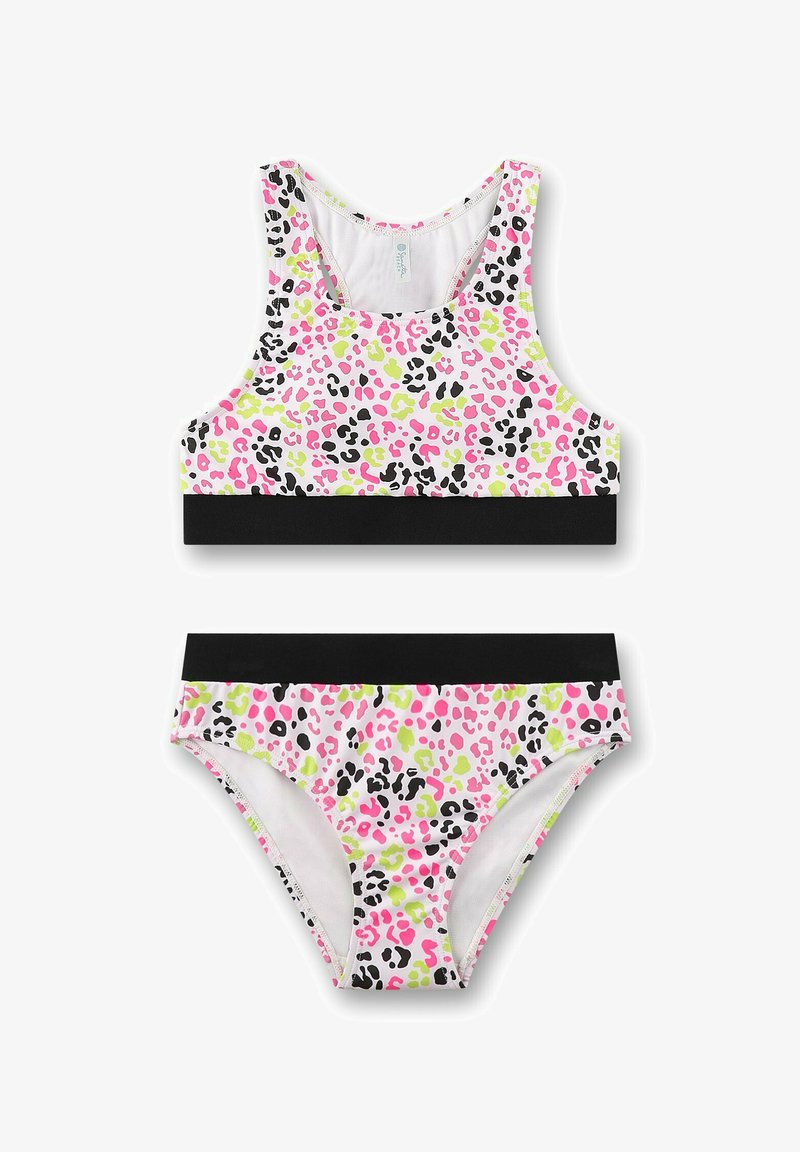 Maillot de bain deux pièces pour filles avec imprimé léopard rose, noir et vert néon et bandes de taille noires unies.