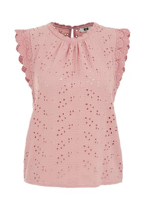 Bluza roz fără mâneci cu decupaje florale ochiurate, dantelă ondulată pe umeri, decolteu rotund și nasture la închidere în spate.