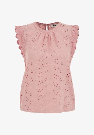 Bluza roz fără mâneci cu decupaje florale ochiurate, dantelă ondulată pe umeri, decolteu rotund și nasture la închidere în spate.