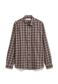 Langarm geruite shirt in bruin- en beigetinten. Heeft een klassieke kraag, een borstzak en een knoopsluiting. Stof lijkt licht van gewicht.