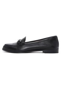 Black leather loafers with a rounded toe, a stitched design, and a decorative hardware accent on the upper. Low, flat heel.