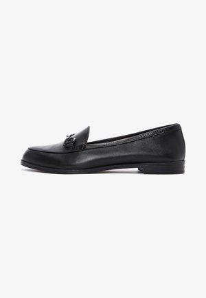Black leather loafers with a rounded toe, a stitched design, and a decorative hardware accent on the upper. Low, flat heel.
