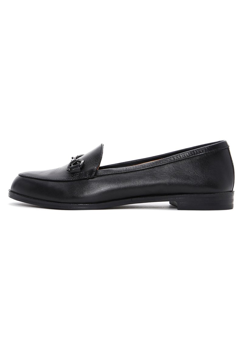Black leather loafers with a rounded toe, a stitched design, and a decorative hardware accent on the upper. Low, flat heel.