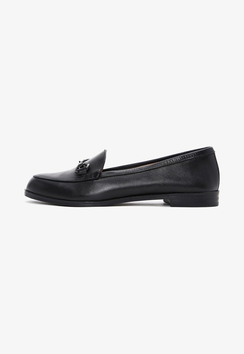 Black leather loafers with a rounded toe, a stitched design, and a decorative hardware accent on the upper. Low, flat heel.