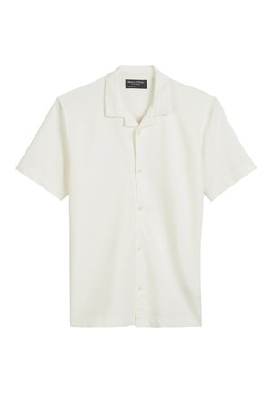 Short-sleeved, cream-colored shirt with a subtle textured pattern, a notch collar, and five buttons down the front.