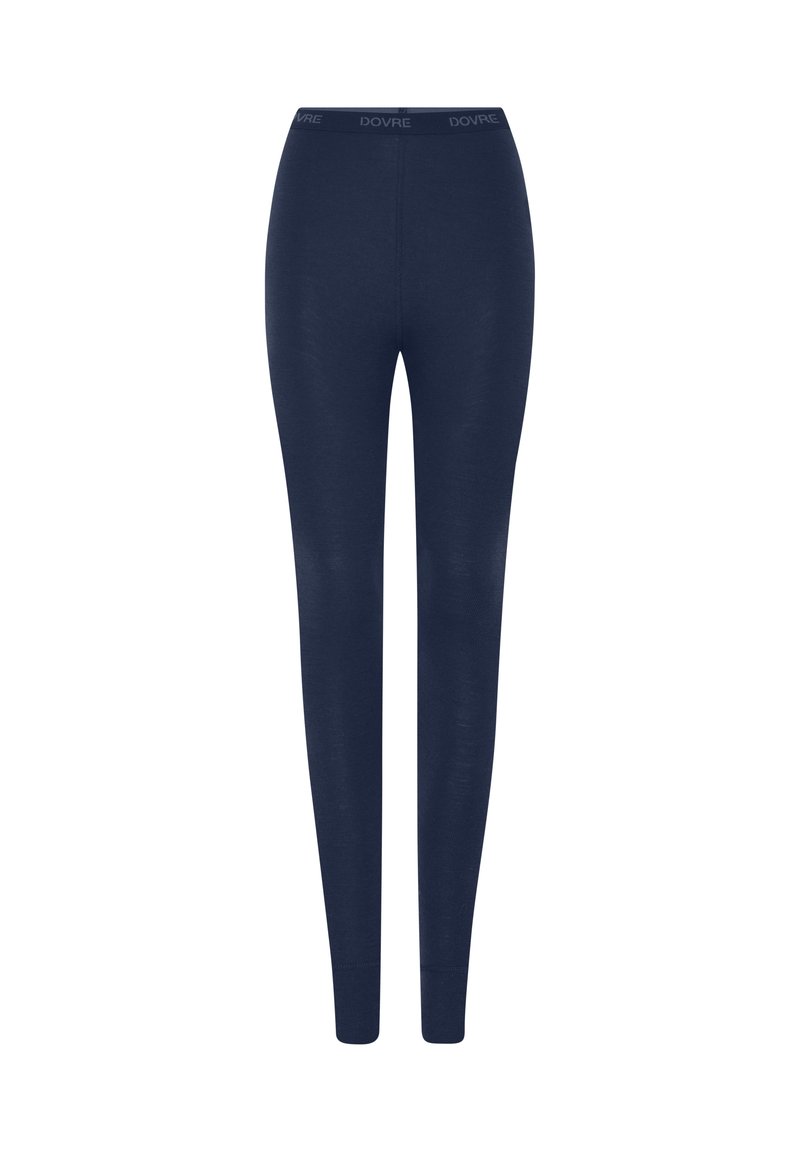 Mørkeblå leggings lavet af blødt stof med en tætsiddende design, der har et glat taljebånd med mærkenavnet 'DOVRE' trykt.