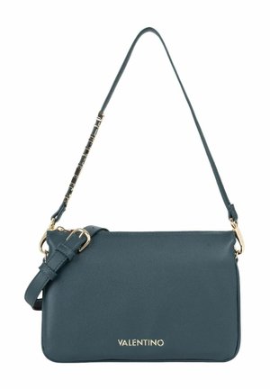 Sac à bandoulière Valentino en cuir vert sarcelle foncé avec bandoulière réglable et détails dorés, design rectangulaire simple.