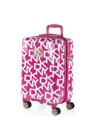 La maleta rígida rosa cuenta con logotipos blancos de NY, doble cremallera y un mango extensible. Equipado con cuatro ruedas multidireccionales para mayor movilidad.