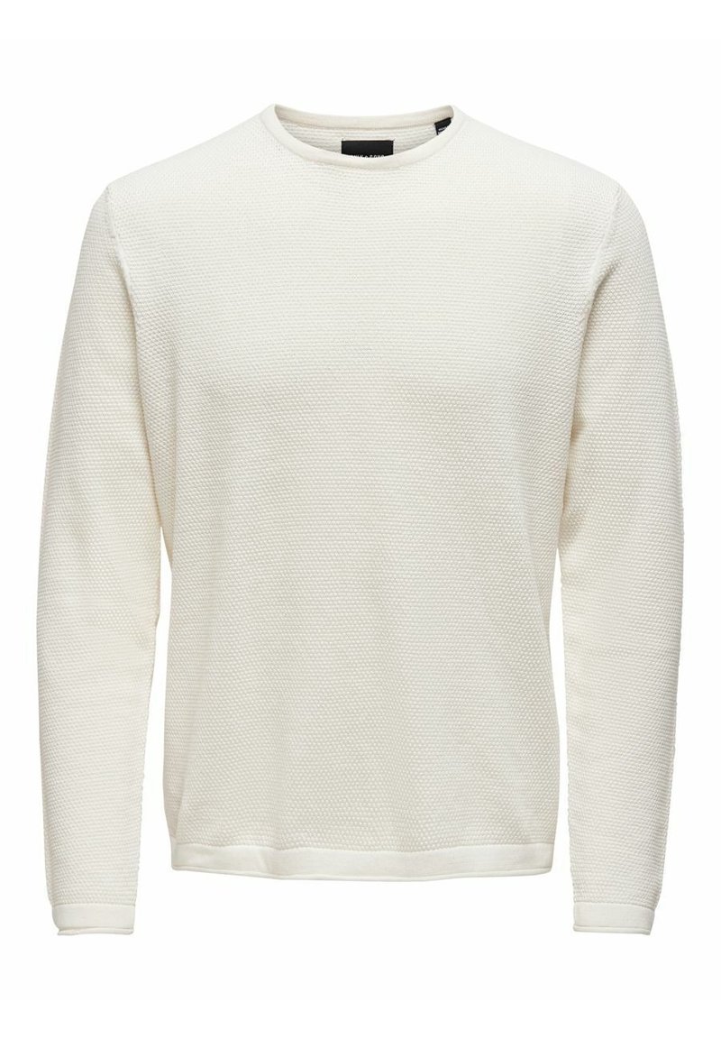 Sweat-shirt à manches longues de couleur crème avec un design texturé en maille gaufrée, poignets côtelés et encolure ronde. Simple et polyvalent.