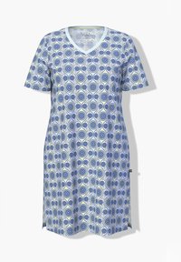 Vestido de manga corta hasta la rodilla con patrón floral circular azul y amarillo y cuello en V azul claro.