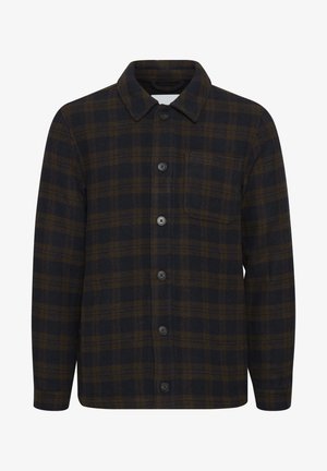Chemise de travail à carreaux bleu foncé et marron. Présente un col, une poche poitrine et des boutons noirs sur le devant.