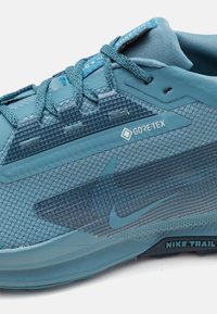 Chaussures de trail GORE-TEX en bleu clair, avec un mesh texturé, des motifs en zigzag et un logo Nike distinct sur le côté. Semelle extérieure en caoutchouc visible.