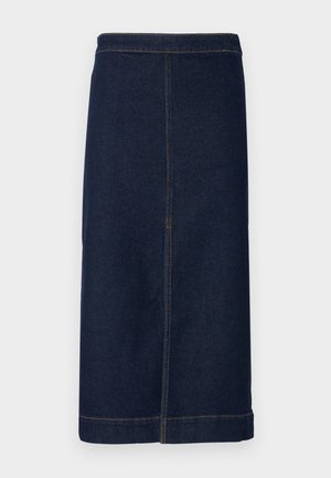 Denim midi krilo v temno modri barvi, s ravnim krojem, subtilnimi šivi in čistim robom.