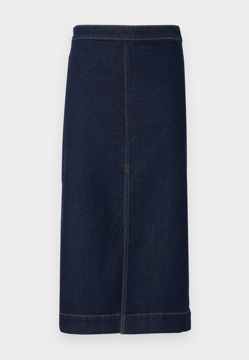 Dunkelblaue Denim-Midi-Rock mit geradem Schnitt, dezentem Nahtdetail und sauberem Saum.