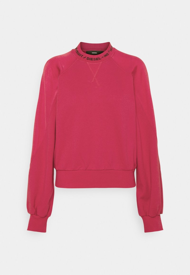 Sweat-shirt rouge à manches longues avec poignets et ourlet côtelés, col montant avec détail du logo Diesel en noir.