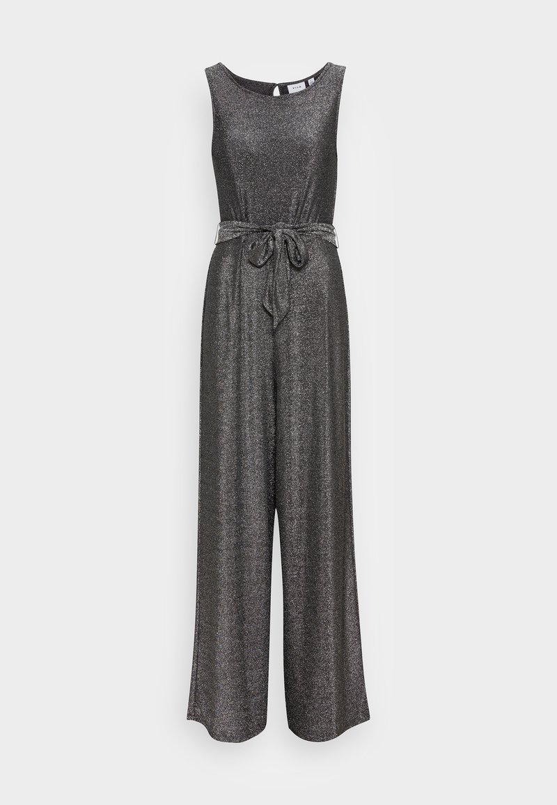 Combinaison sans manches à jambes larges en tissu gris foncé scintillant, avec un col rond et une ceinture attachée à la taille.