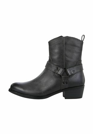 Bottines en cuir noir avec bout arrondi, fermeture éclair sur le côté et une sangle décorative avec une boucle au niveau de la cheville. Design à talon bloc.