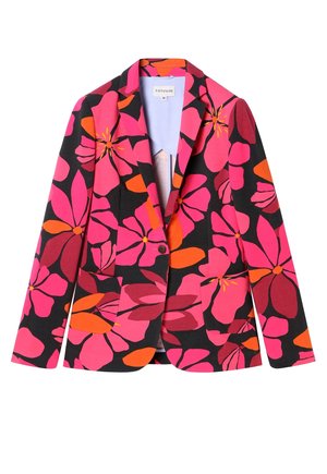 Enkeltknappet blazer med lyserødt, orange og mørkerødt blomsterprint på sort baggrund, med kløveskraver og lange ærmer.
