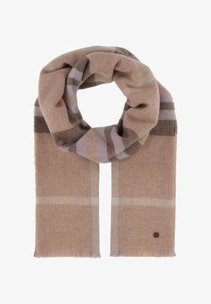 Beige wool blend scarf in a circular shape, featuring a plaid pattern in brown and light purple accents, with fringed edges.
