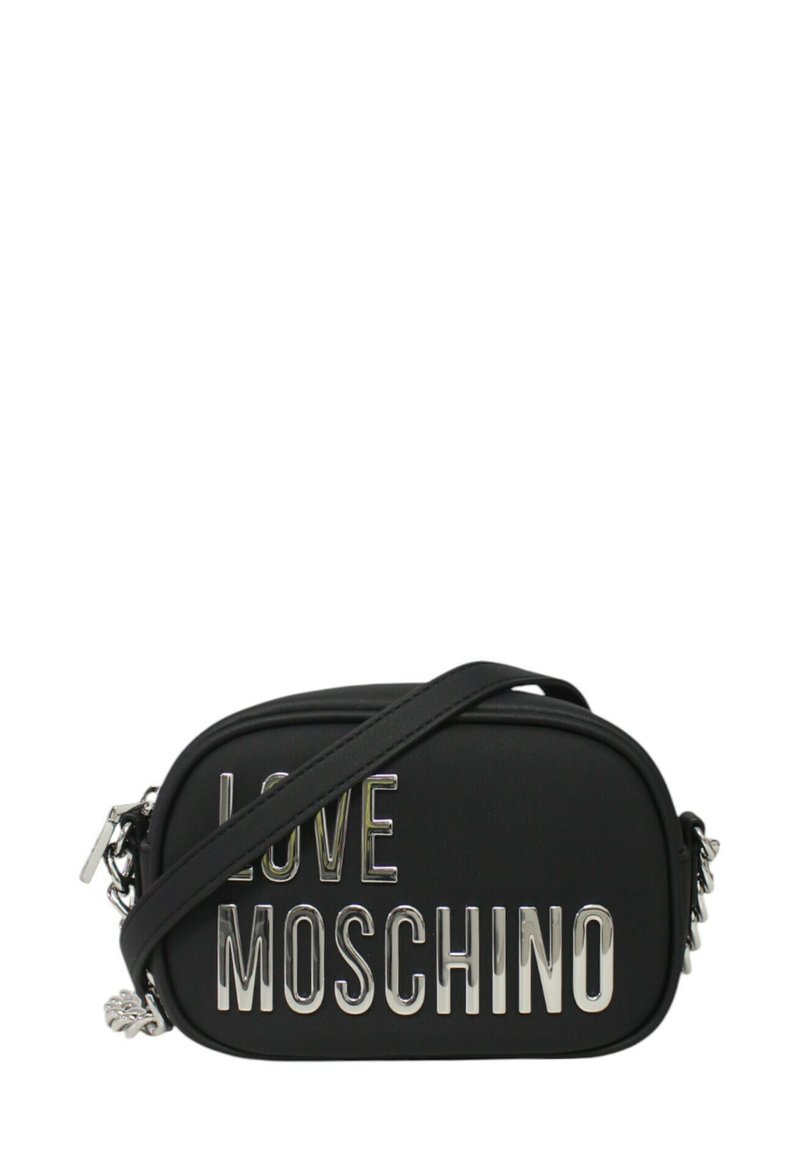 Borsa a tracolla nera con lettering lucido argentato "LOVE MOSCHINO", materiale liscio, forma arrotondata e tracolla regolabile con dettagli metallici.