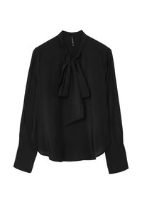 Blouse noire en tissu lisse, dotée d'un détail de nœud au cou, de manches longues et d'une coupe décontractée avec un ourlet arrondi.