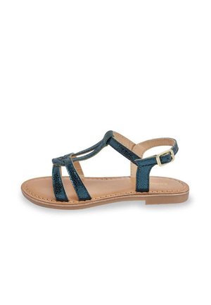 Blauwe leren gladiator sandalen met meerdere riemen en een verstelbare gesp. Vlakke zool met een lichtbruine binnenzool; gestructureerde afwerking.