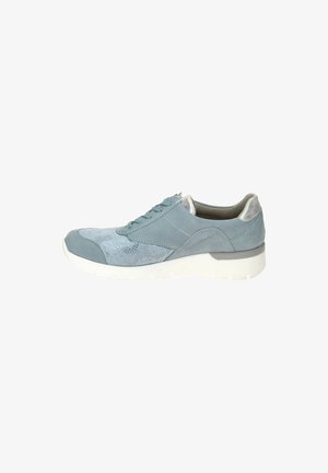 Light blue sneakers with suede and textured reptile pattern, featuring a white sole, round toe, and silver accents at the heel.